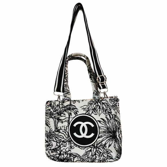 NWOT Designer Inspired Canvas B&W Jungle Print Crossbody Tote Bag in Black